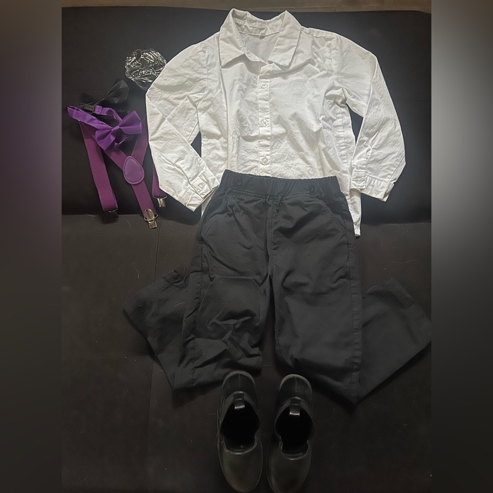 Toddler boys dress suit with extra suspenders and dress shoes